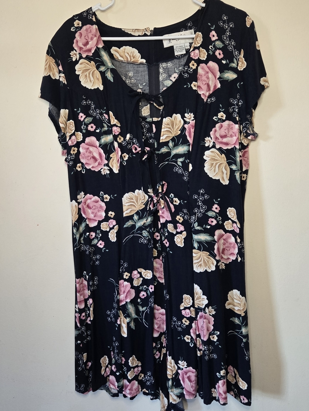 Vintage 90s Y2K Romper Navy & Floral Tie-Front W/Pink & Cream Roses ASO Monica L